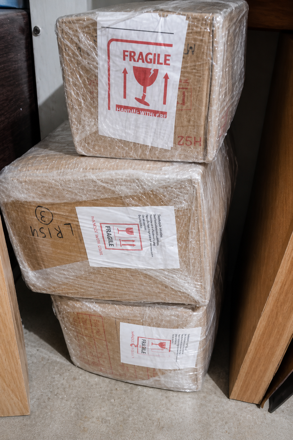 Fragile labelled cartons wrapped securely for relocation