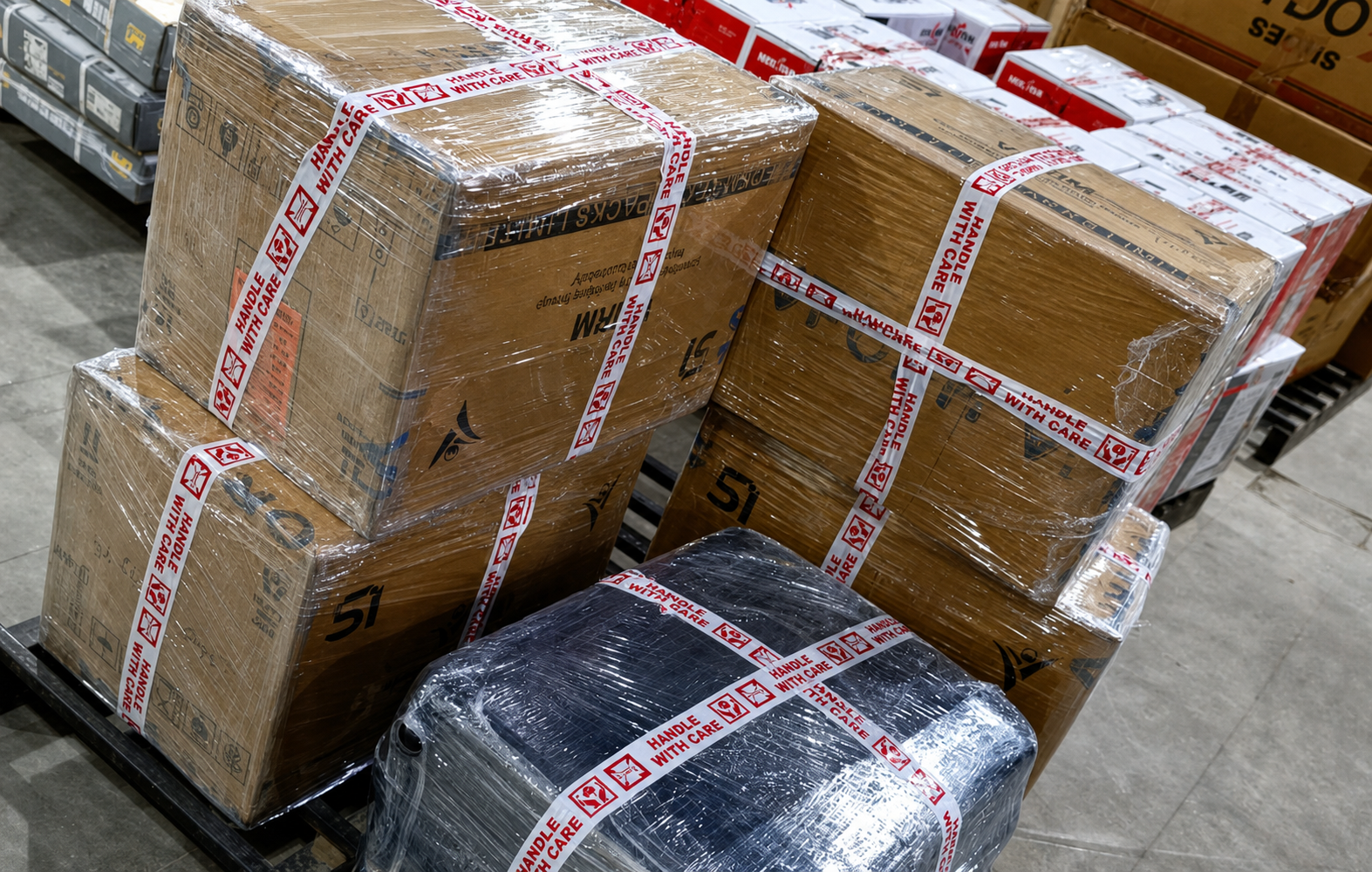 Cartons securely wrapped and labelled for moving