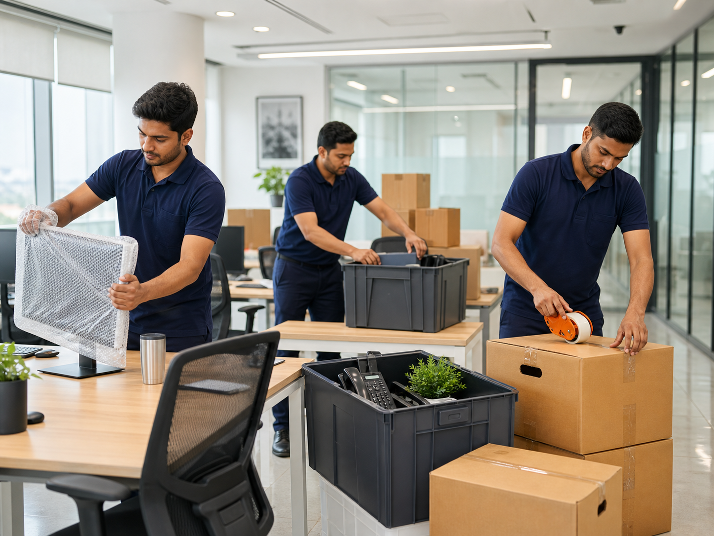 Professional movers packing monitors and office equipment for relocation