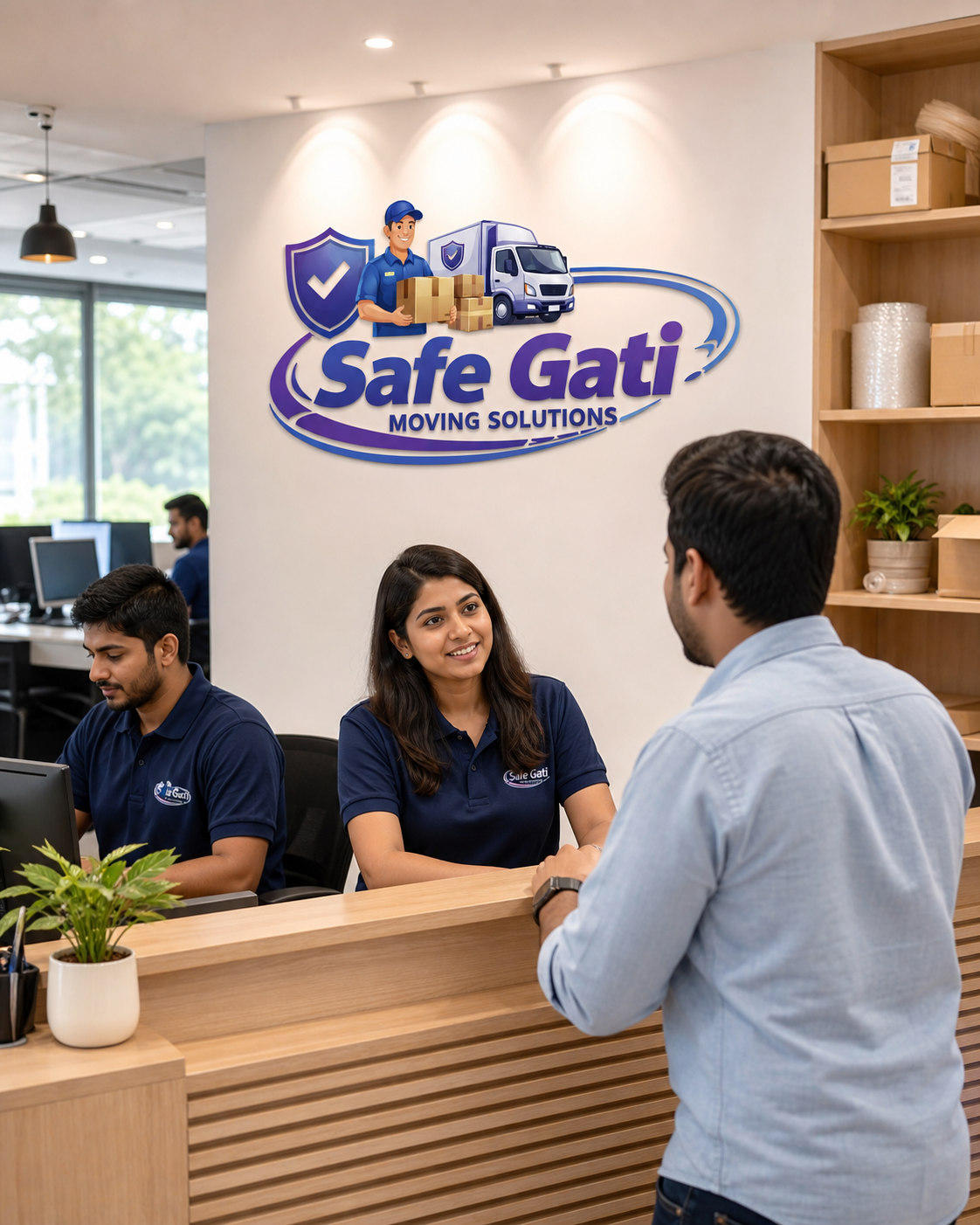 Safe Gati Moving Solutions office reception team assisting a customer